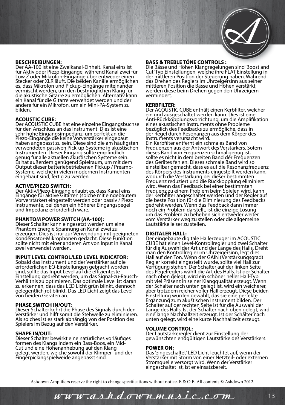 Ashdown Acoustic 100 - BK User Manual | Page 13 / 22