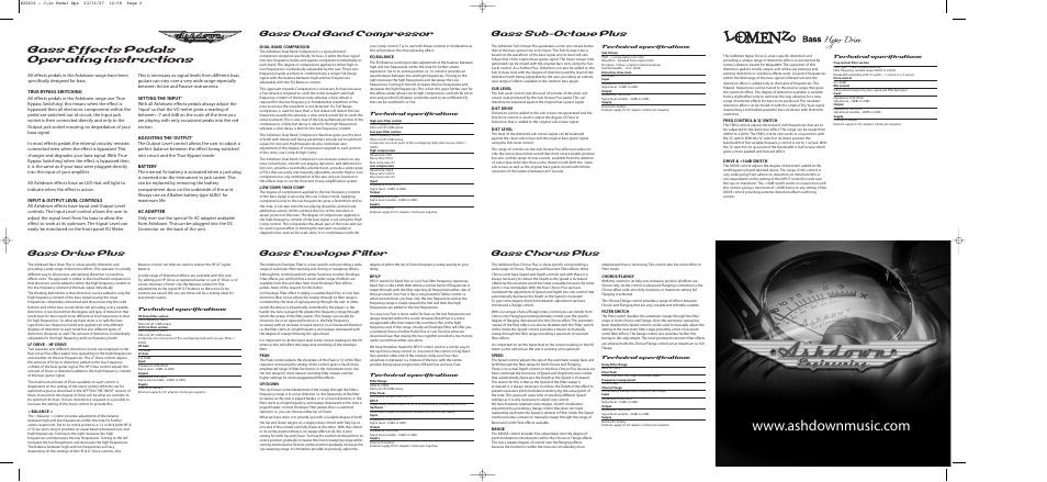 Bass effects pedals operating instructions, Bass dual band compressor, Bass drive plus | Bass envelope filter bass chorus plus, Bass sub-octave plus | Ashdown Drive Plus User Manual | Page 2 / 2