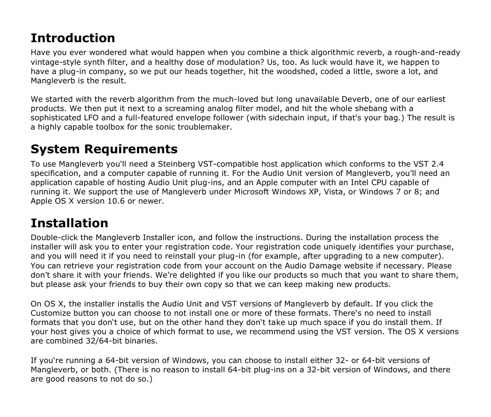 Introduction, System requirements, Installation | Audio Damage Mangleverb User Manual | Page 5 / 13