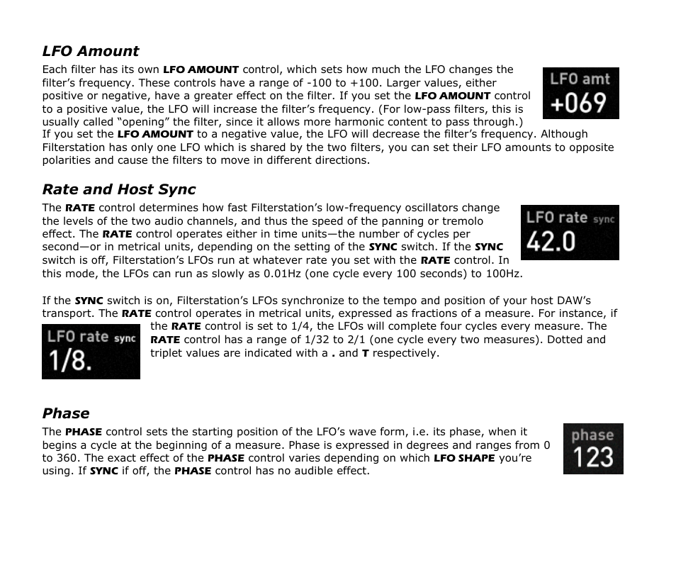 Lfo amount, Rate and host sync, Phase | Audio Damage Filterstation User Manual | Page 13 / 18