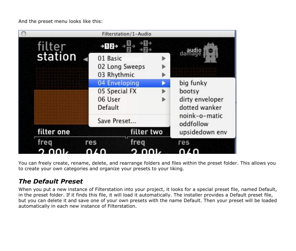 The default preset | Audio Damage Filterstation User Manual | Page 17 / 18