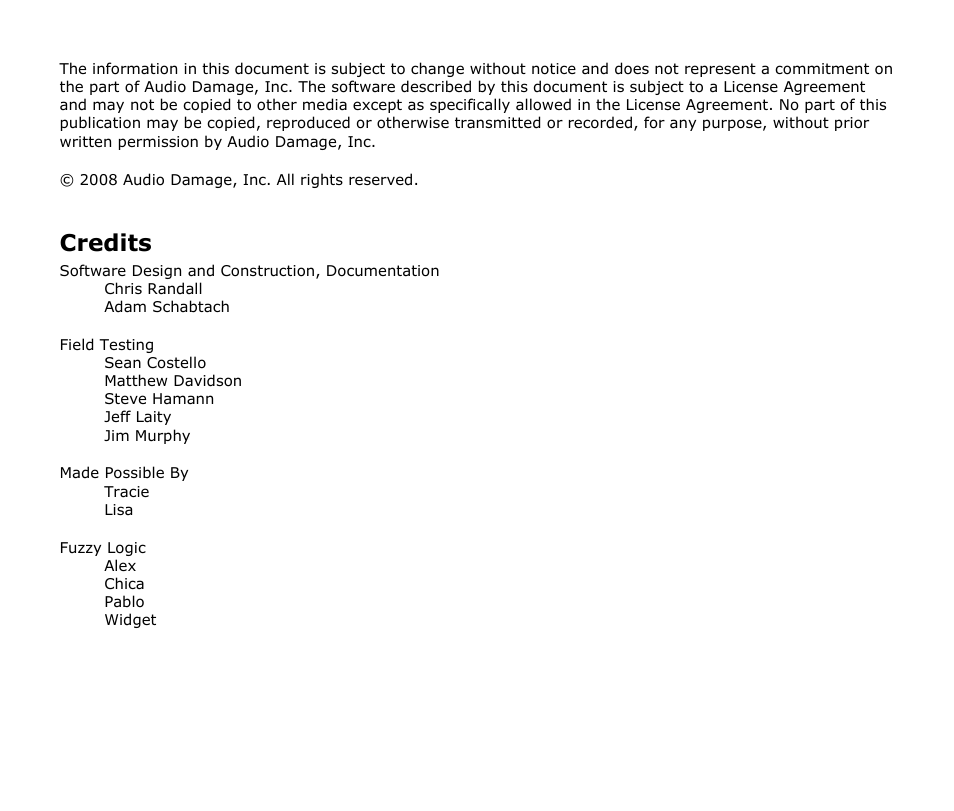 Credits | Audio Damage BigSeq2 User Manual | Page 2 / 24