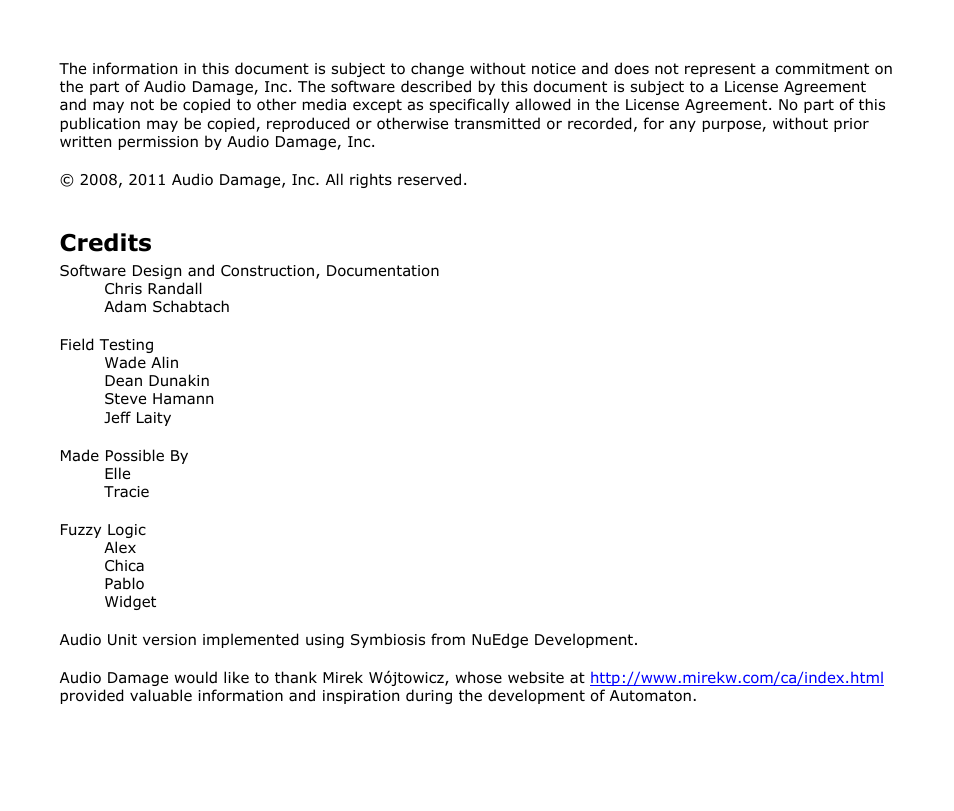 Credits | Audio Damage Automaton User Manual | Page 2 / 22