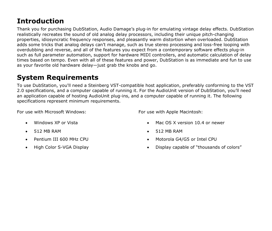 Introduction, System requirements | Audio Damage DubStation User Manual | Page 5 / 12