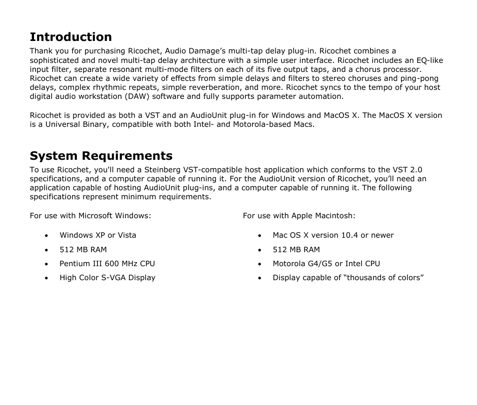 Introduction, System requirements | Audio Damage Ricochet User Manual | Page 5 / 18
