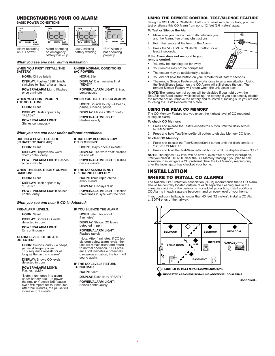 Installation, Where to install co alarms, Understanding your co alarm | BRK electronic FCD4 User Manual | Page 2 / 6