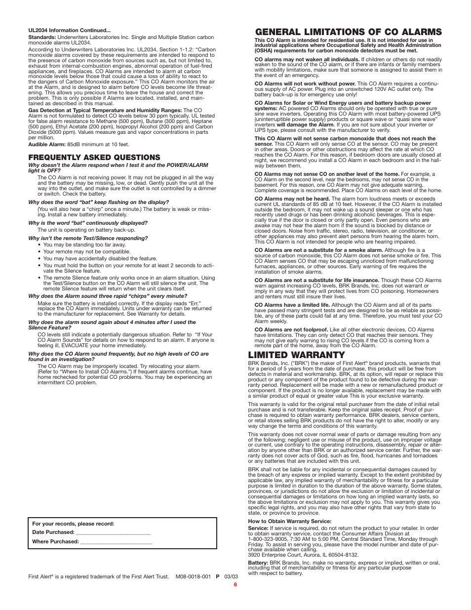 Limited warranty, General limitations of co alarms, Frequently asked questions | BRK electronic FCD4 User Manual | Page 6 / 6