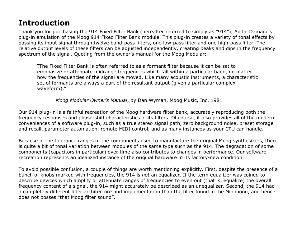 Introduction | Audio Damage 914 Fixed Filter Bank Upgrade From 907a User Manual | Page 5 / 10