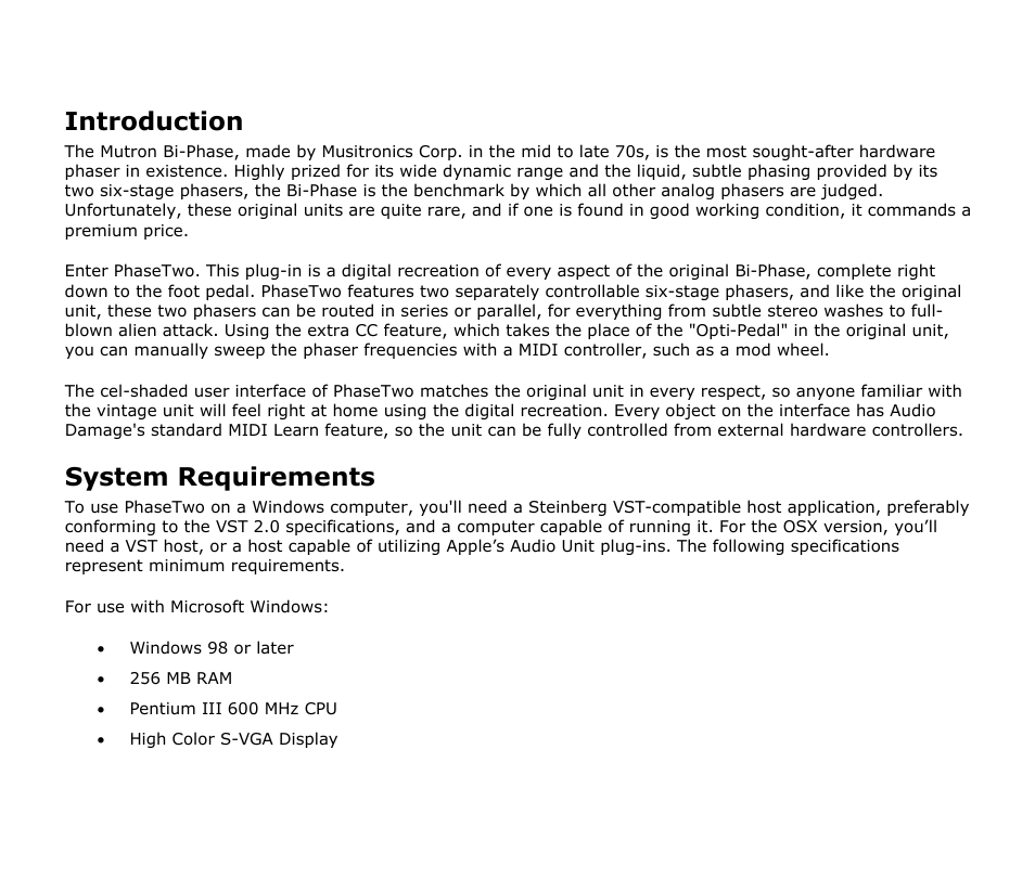 Introduction, System requirements | Audio Damage Phase Two User Manual | Page 6 / 16