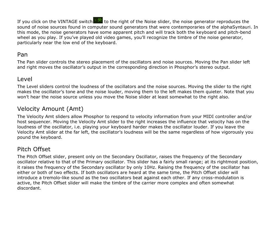 Level, Velocity amount (amt), Pitch offset | Audio Damage Phosphor User Manual | Page 11 / 21