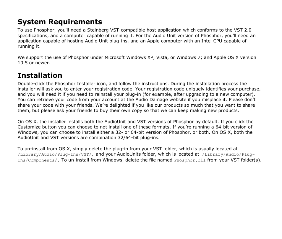 System requirements, Installation | Audio Damage Phosphor User Manual | Page 6 / 21
