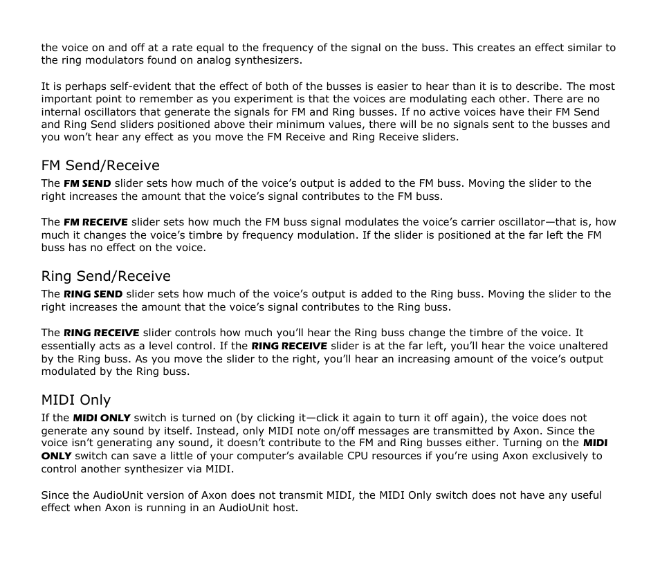 Fm send/receive, Ring send/receive, Midi only | Audio Damage Axon User Manual | Page 14 / 22