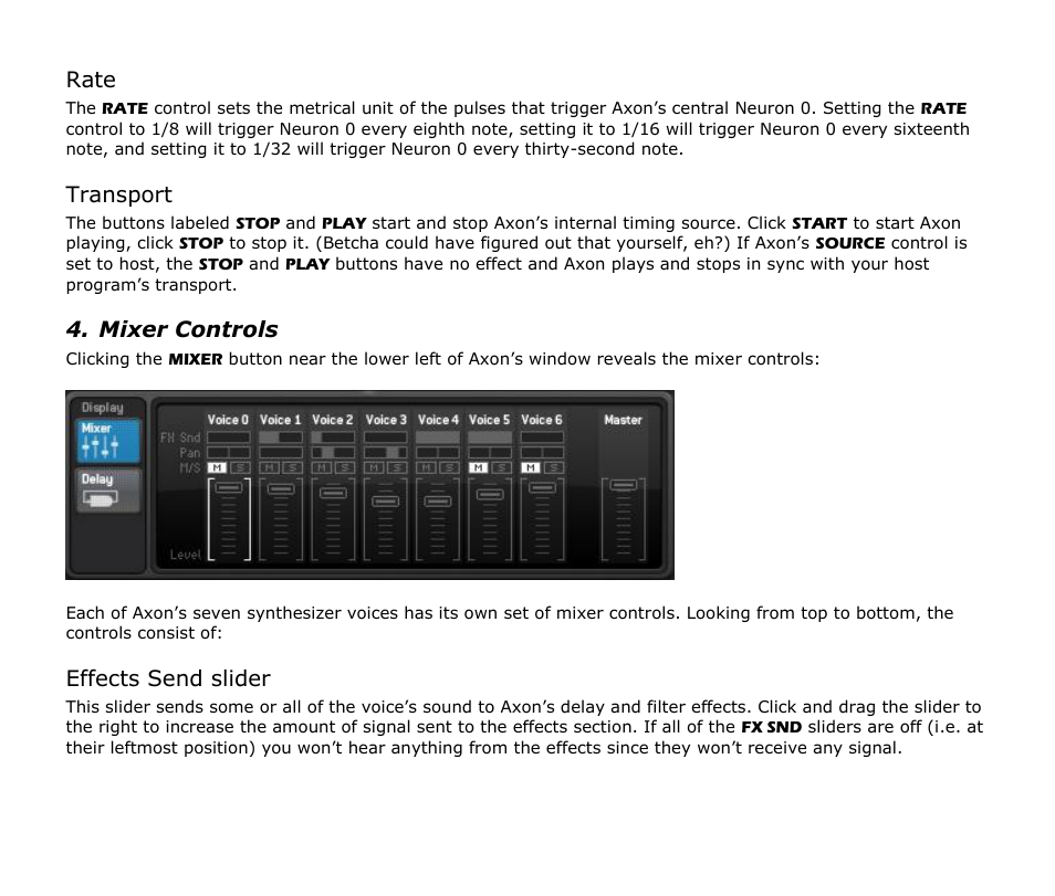 Rate, Transport, Mixer controls | Effects send slider | Audio Damage Axon User Manual | Page 16 / 22