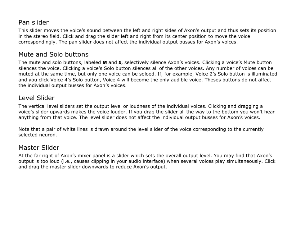 Pan slider, Mute and solo buttons, Level slider | Master slider | Audio Damage Axon User Manual | Page 17 / 22