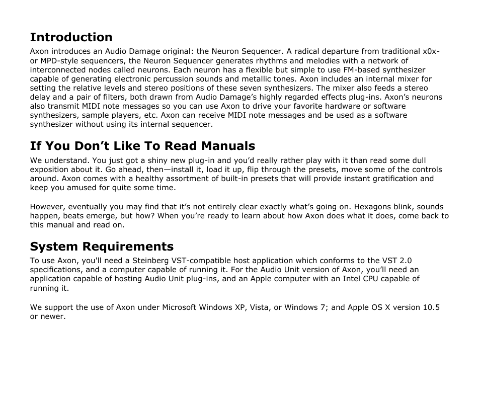 Introduction, If you don’t like to read manuals, System requirements | Audio Damage Axon User Manual | Page 5 / 22