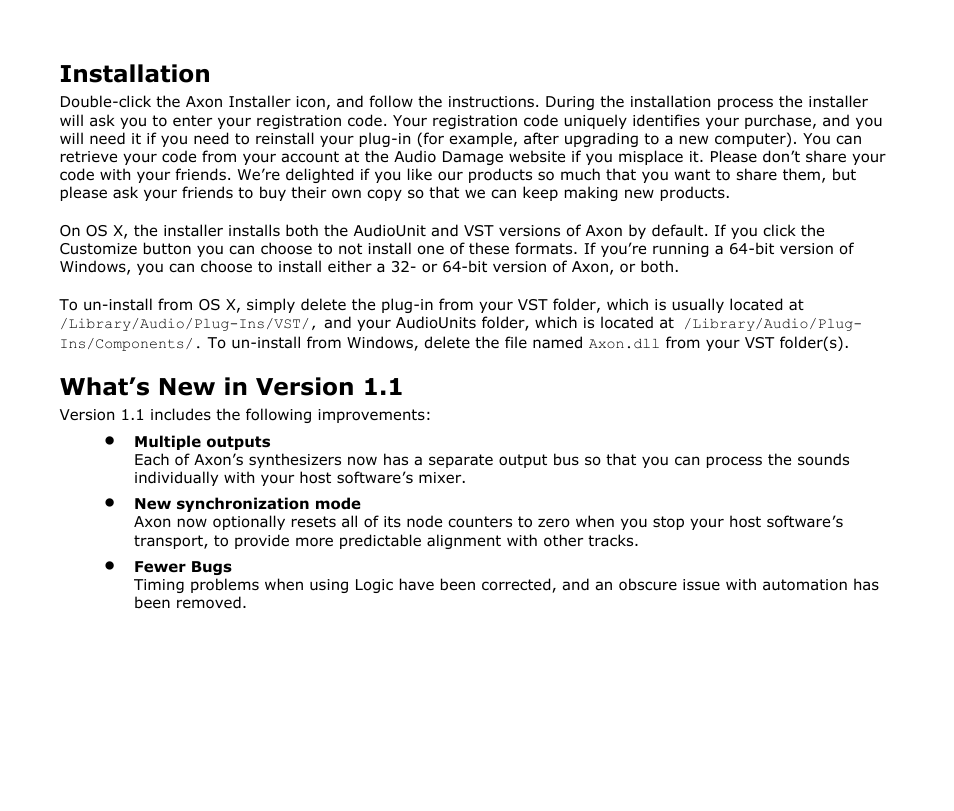 Installation, What’s new in version 1.1 | Audio Damage Axon User Manual | Page 6 / 22