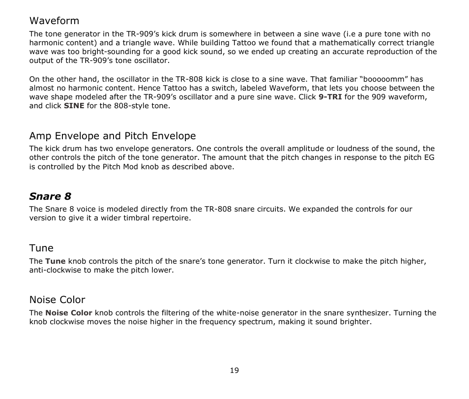 Waveform, Amp envelope and pitch envelope, Snare 8 | Tune, Noise color | Audio Damage Tattoo User Manual | Page 19 / 34