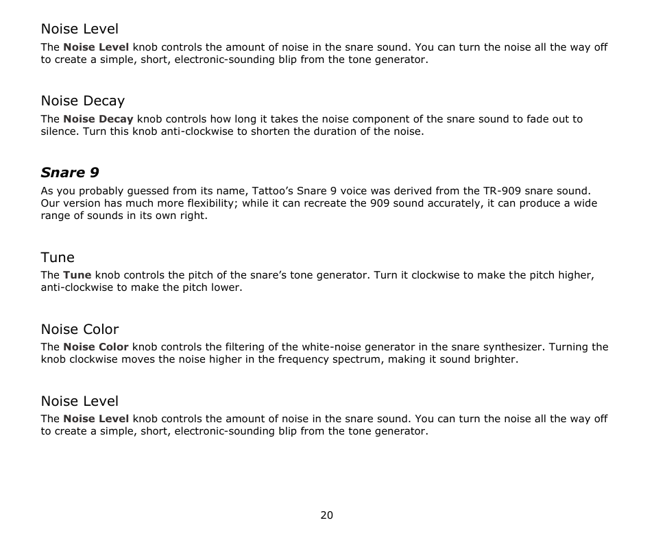 Noise level, Noise decay, Snare 9 | Tune, Noise color | Audio Damage Tattoo User Manual | Page 20 / 34