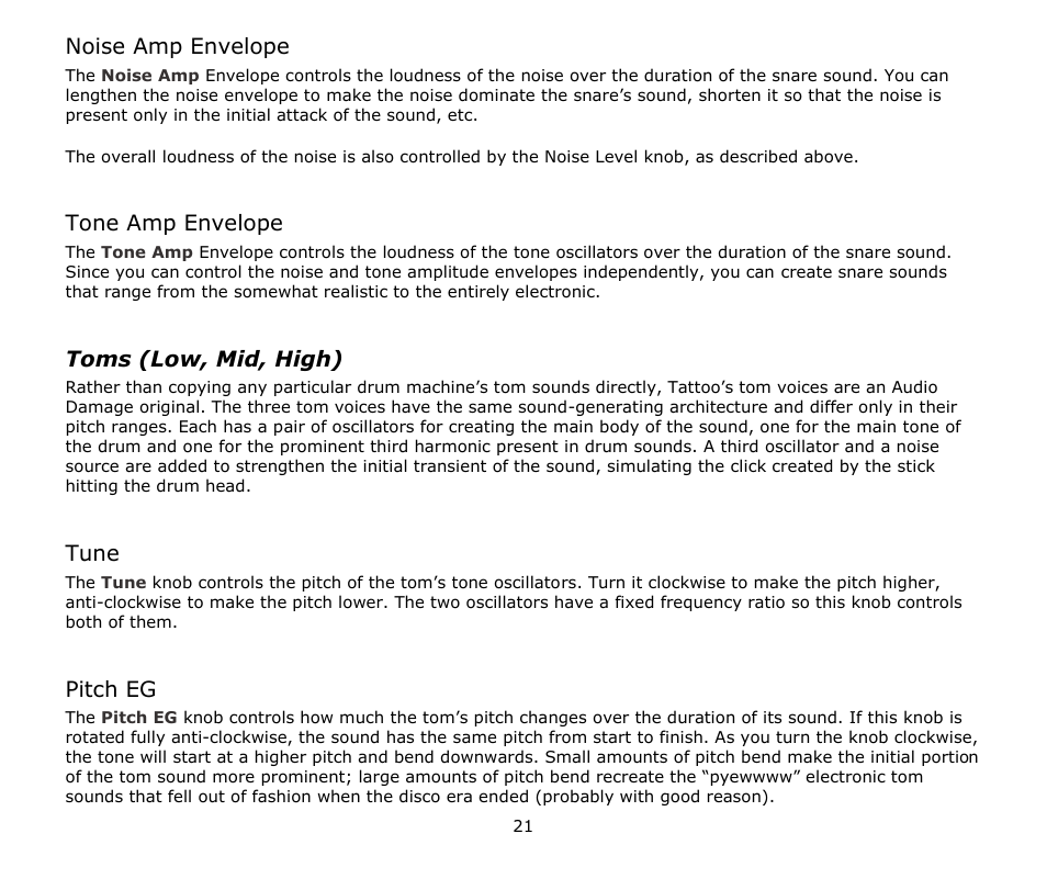 Noise amp envelope, Tone amp envelope, Toms (low, mid, high) | Tune, Pitch eg | Audio Damage Tattoo User Manual | Page 21 / 34