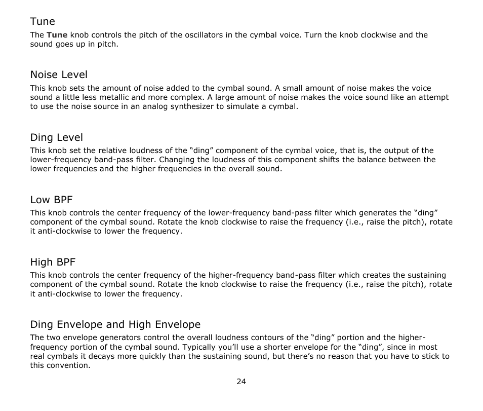 Tune, Noise level, Ding level | Low bpf, High bpf, Ding envelope and high envelope | Audio Damage Tattoo User Manual | Page 24 / 34