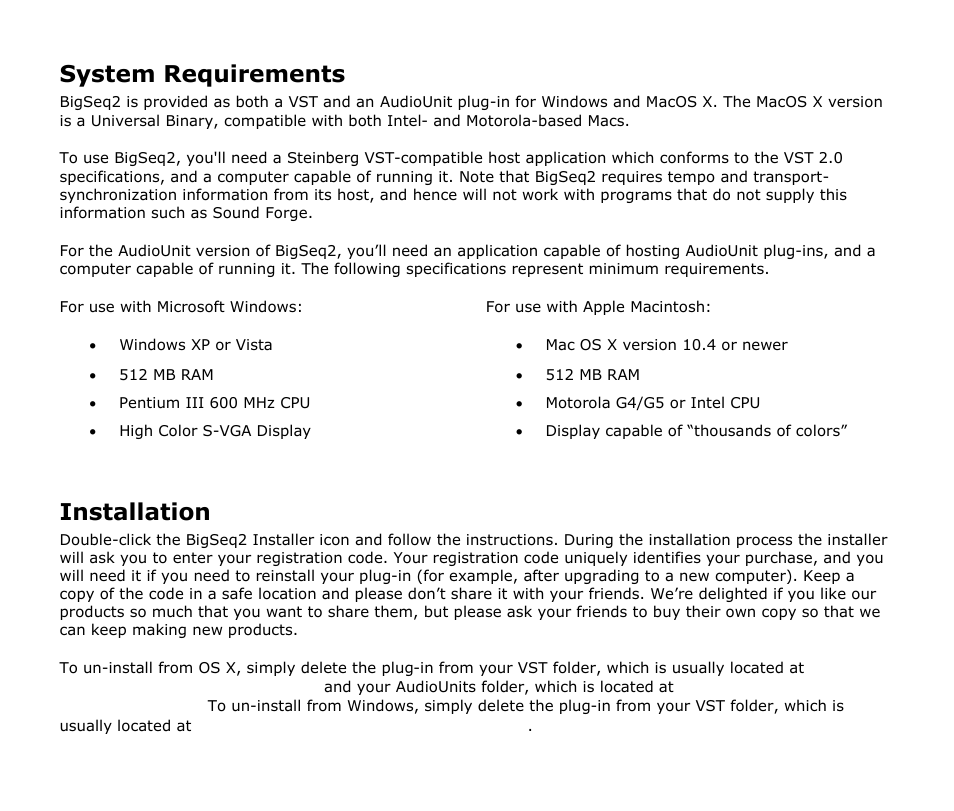 System requirements, Installation | Audio Damage BigSeq2 Upgrade From BigSeq1 User Manual | Page 5 / 24