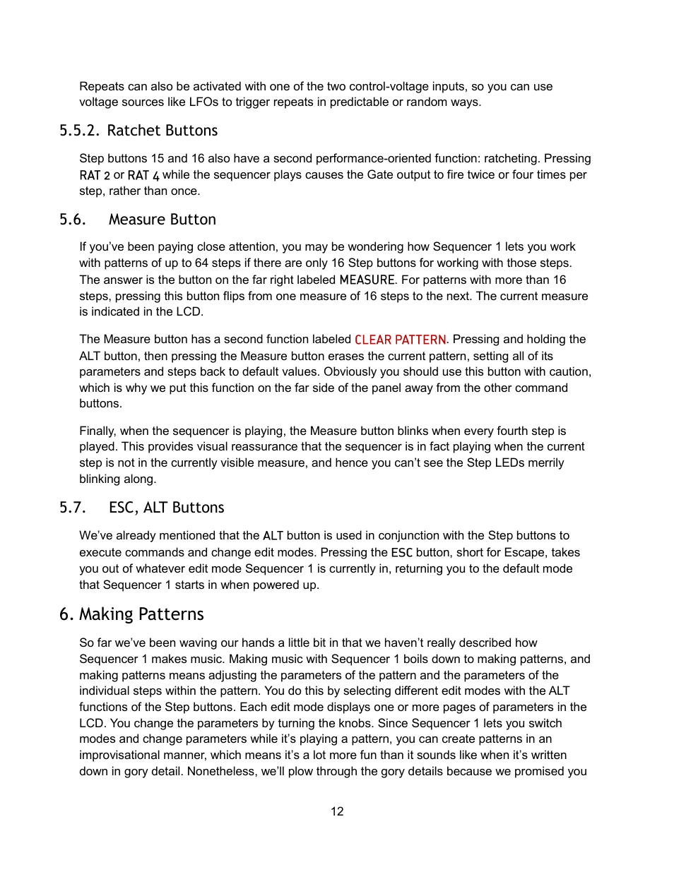 Ratchet buttons, Measure button, Esc, alt buttons | Making patterns | Audio Damage Sequencer 1 User Manual | Page 12 / 32