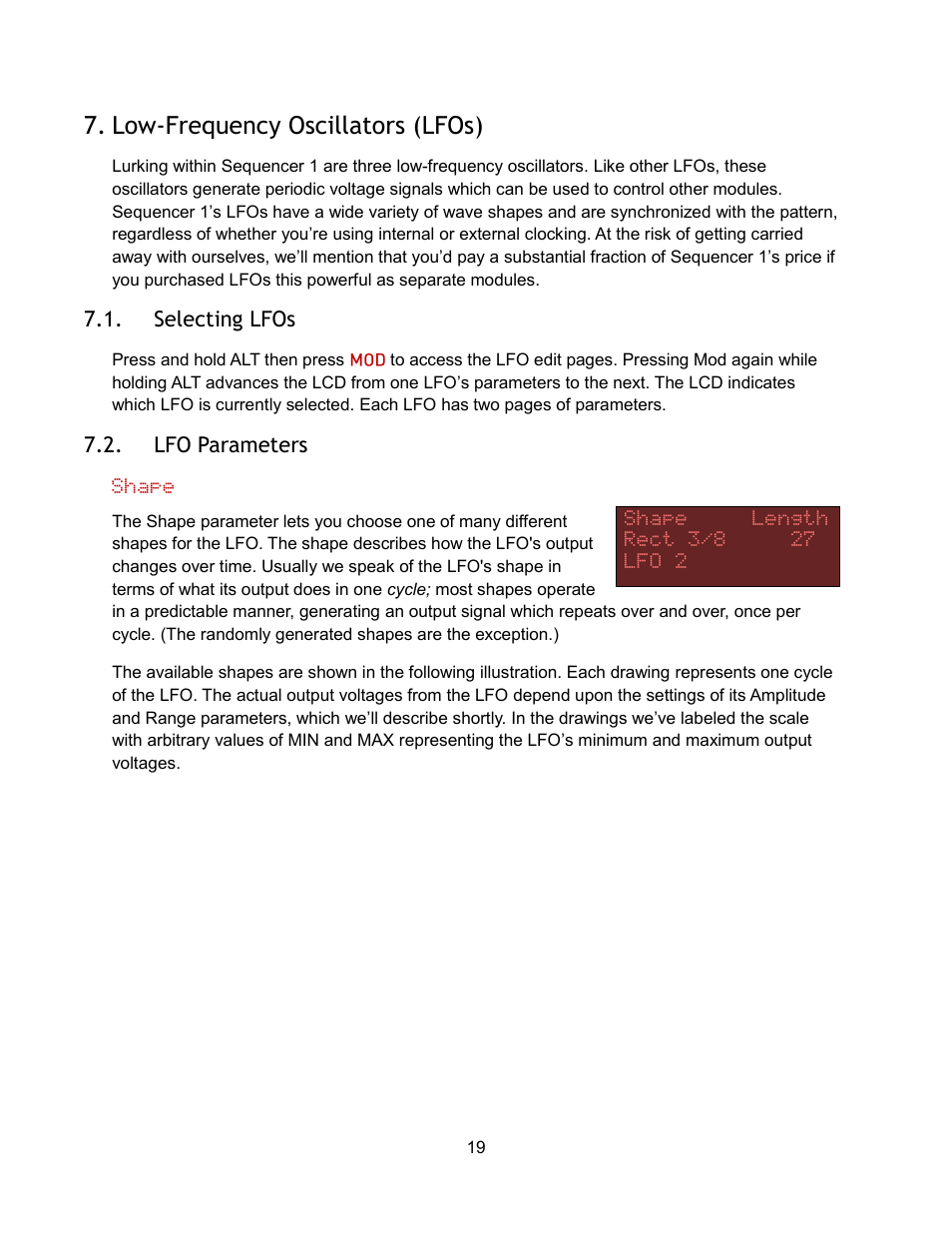 Low-frequency oscillators (lfos), Selecting lfos, Lfo parameters | Audio Damage Sequencer 1 User Manual | Page 19 / 32
