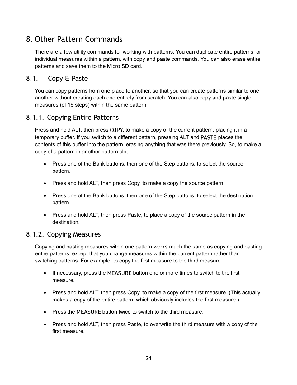 Other pattern commands, Copy & paste, Copying entire patterns | Copying measures | Audio Damage Sequencer 1 User Manual | Page 24 / 32