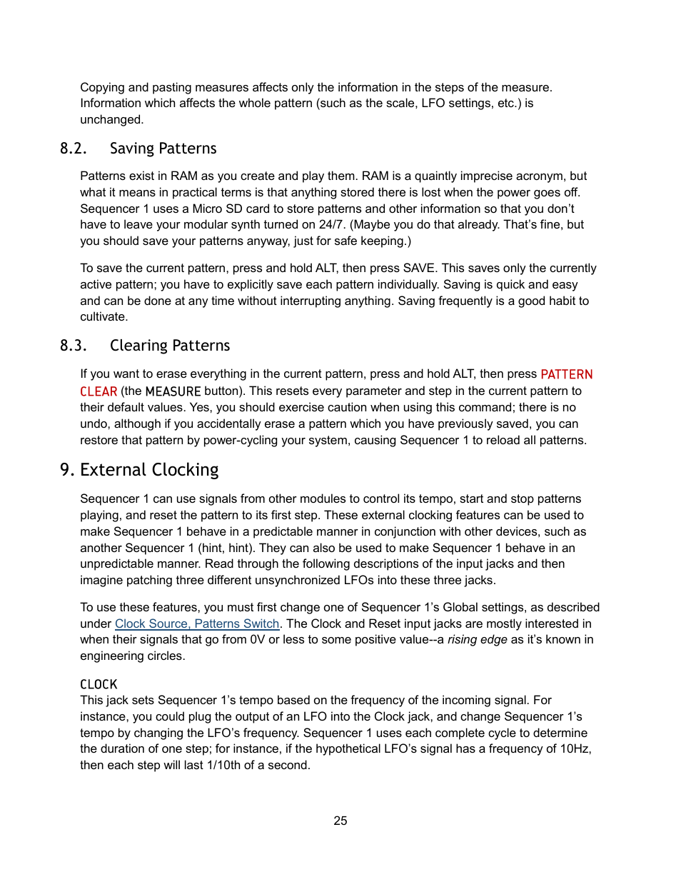 Saving patterns, Clearing patterns, External clocking | Audio Damage Sequencer 1 User Manual | Page 25 / 32