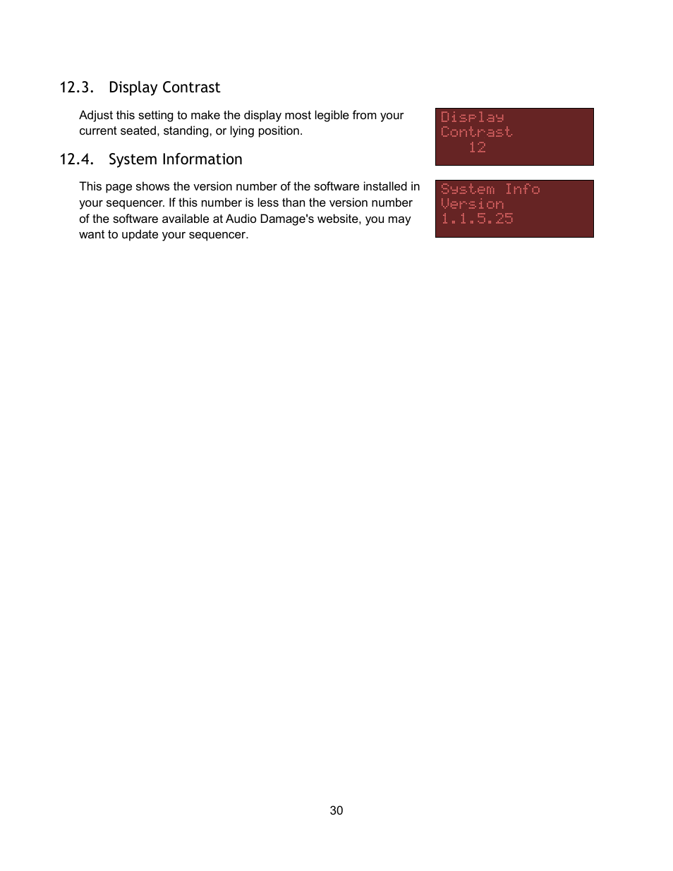 Display contrast, System information | Audio Damage Sequencer 1 User Manual | Page 30 / 32