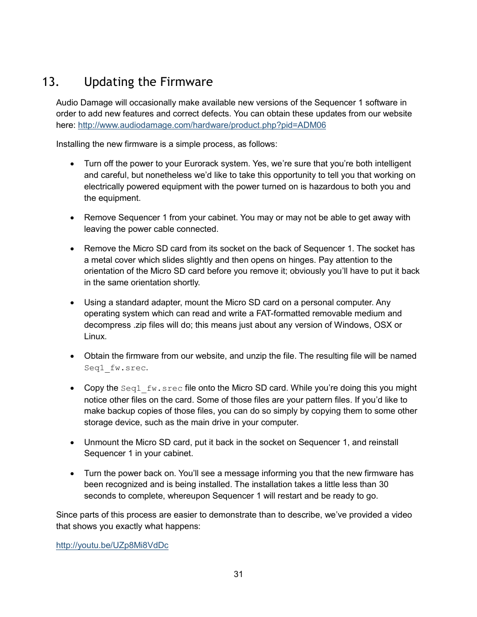 Updating the firmware | Audio Damage Sequencer 1 User Manual | Page 31 / 32