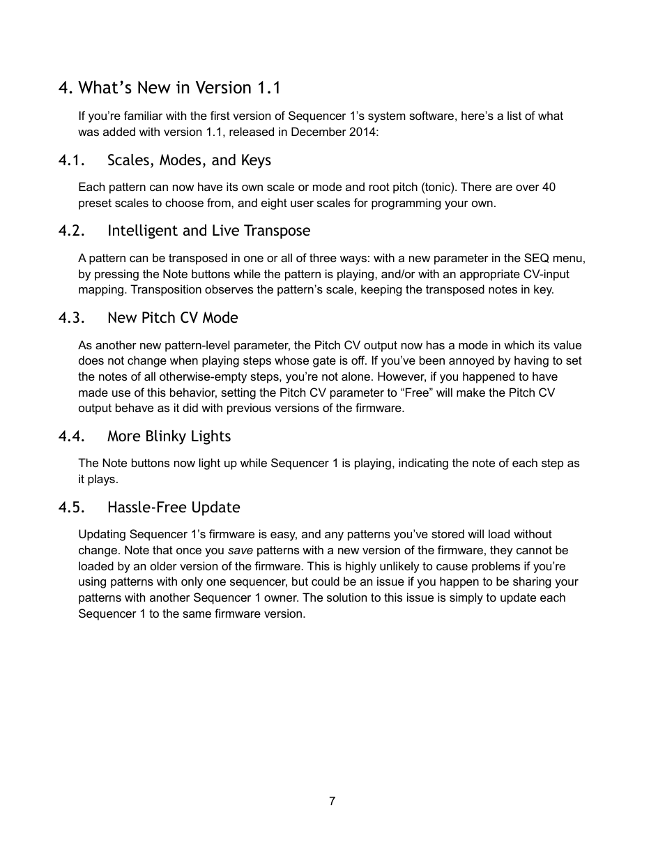 What’s new in version 1.1, Scales, modes, and keys, Intelligent and live transpose | New pitch cv mode, More blinky lights, Hassle-free update | Audio Damage Sequencer 1 User Manual | Page 7 / 32