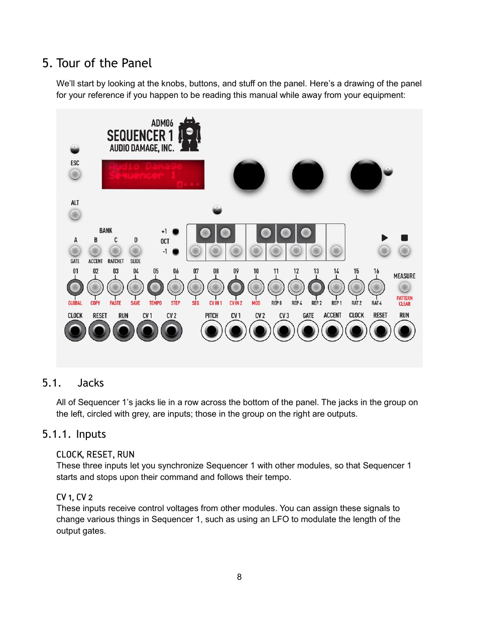 Tour of the panel, Jacks, Inputs | Audio Damage Sequencer 1 User Manual | Page 8 / 32