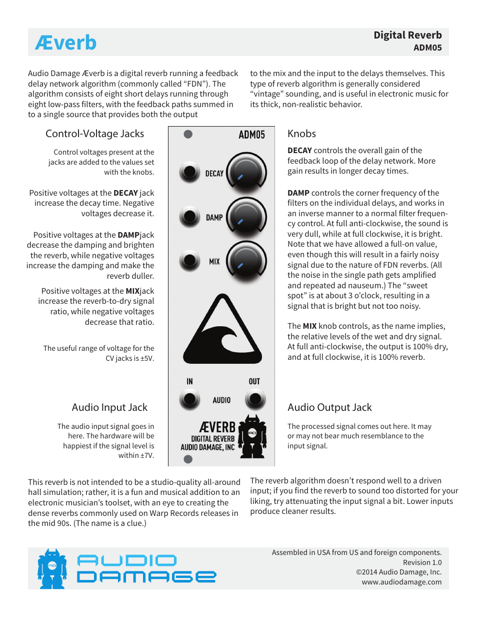 Audio Damage Aeverb User Manual | 1 page