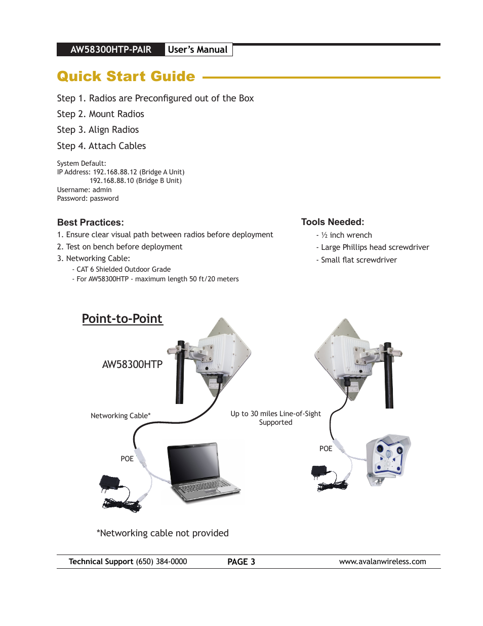 Quick start guide, Point-to-point | AvaLAN Wireless AW58300HTP-PAIR User Manual | Page 3 / 13