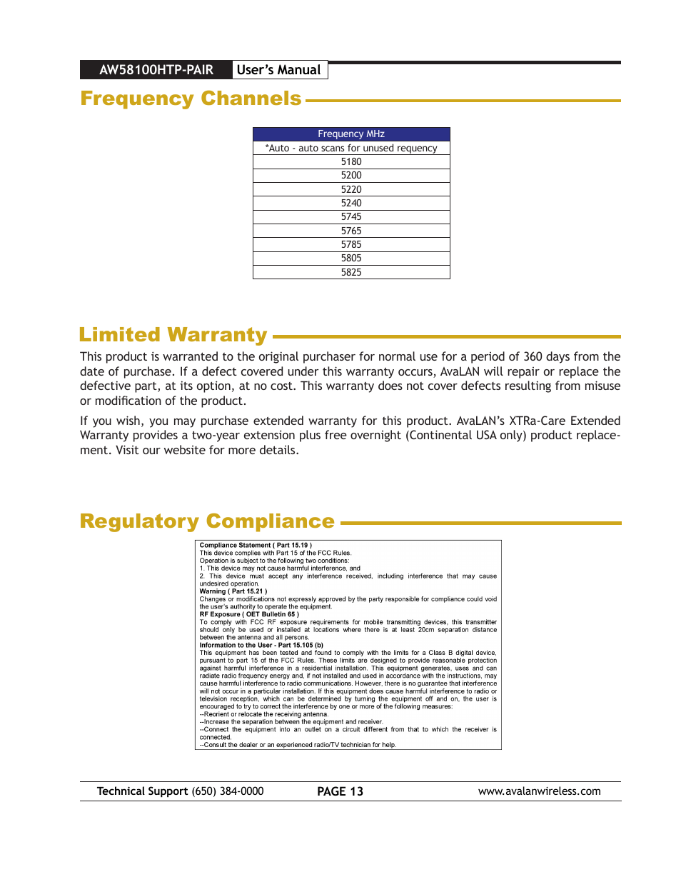 AvaLAN Wireless AW58100HTP-PAIR User Manual | Page 13 / 13