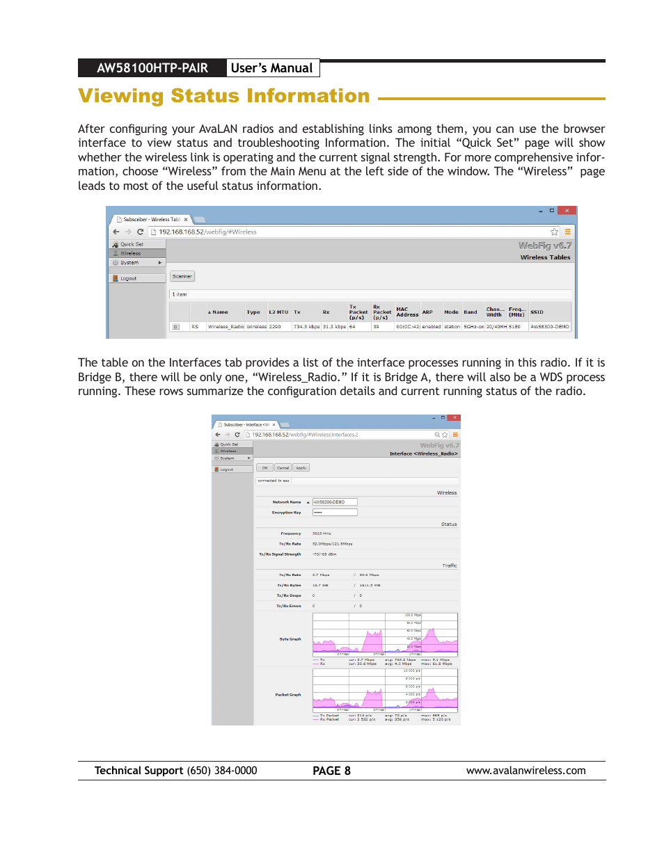 Viewing status information | AvaLAN Wireless AW58100HTP-PAIR User Manual | Page 8 / 13