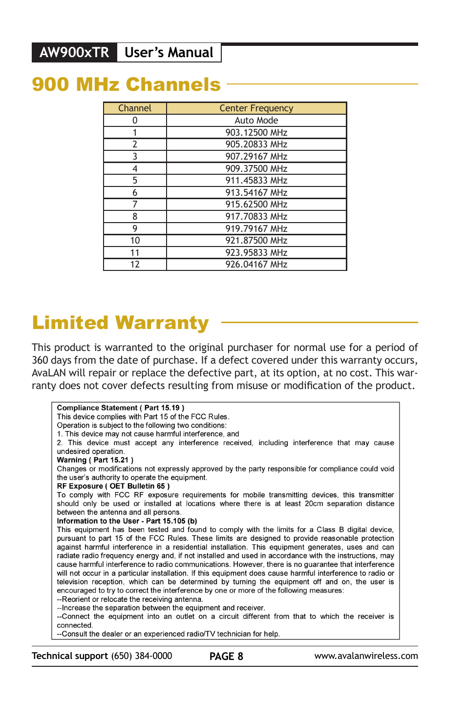 Limited warranty, 900 mhz channels, Aw900xtr | User’s manual | AvaLAN Wireless AW900xTR-PAIR User Manual | Page 9 / 9