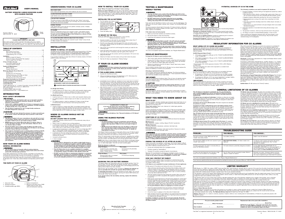 BRK electronic First Alert CO400 User Manual | 1 page