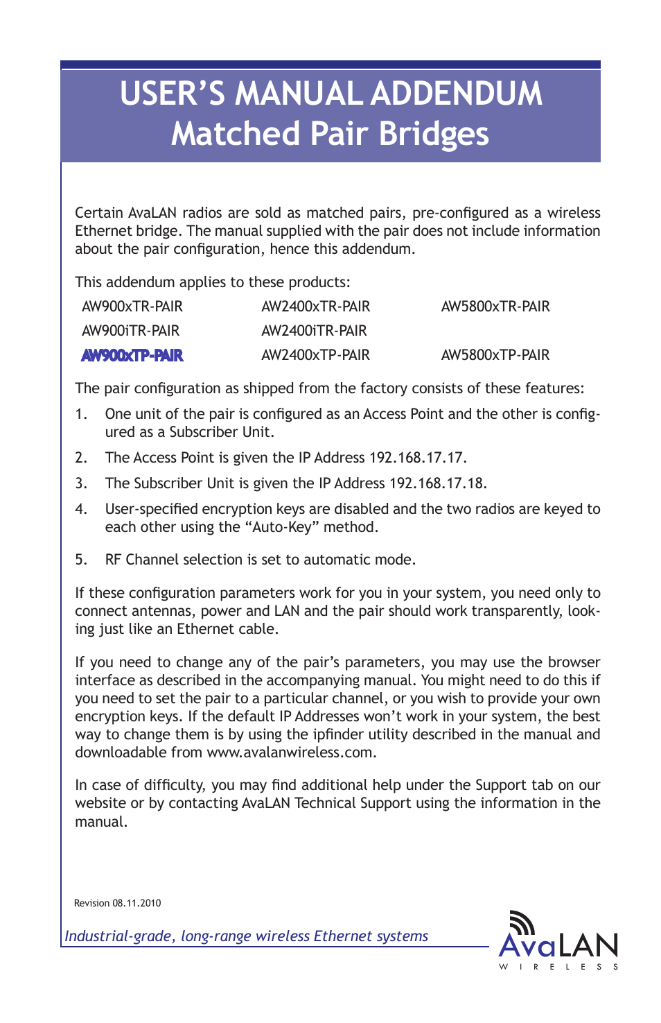 AvaLAN Wireless AW900xTP-PAIR User Manual | 9 pages