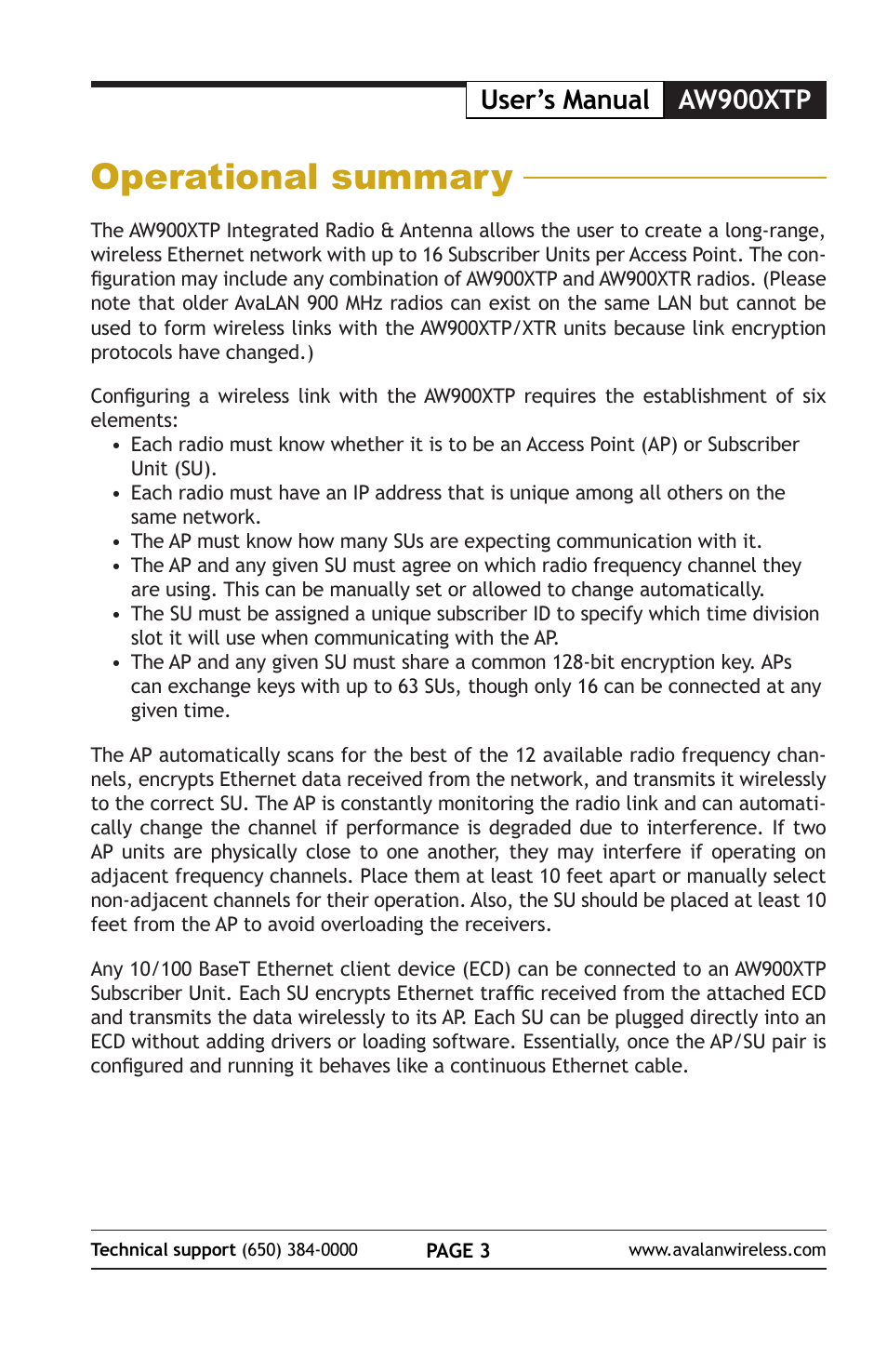 Operational summary, Aw900xtp user’s manual | AvaLAN Wireless AW900xTP-PAIR User Manual | Page 4 / 9