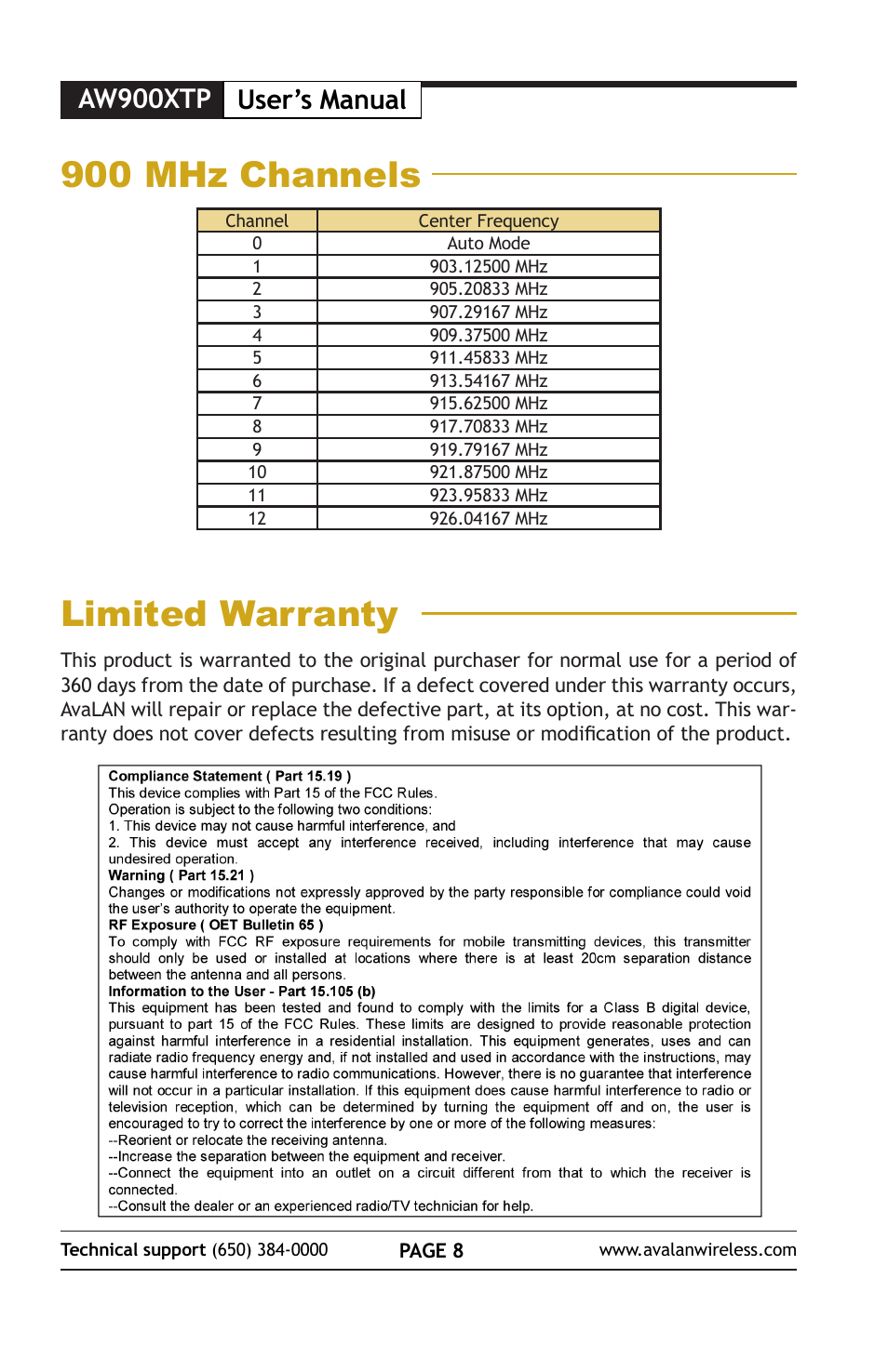 Limited warranty, 900 mhz channels, Aw900xtp user’s manual | AvaLAN Wireless AW900xTP-PAIR User Manual | Page 9 / 9