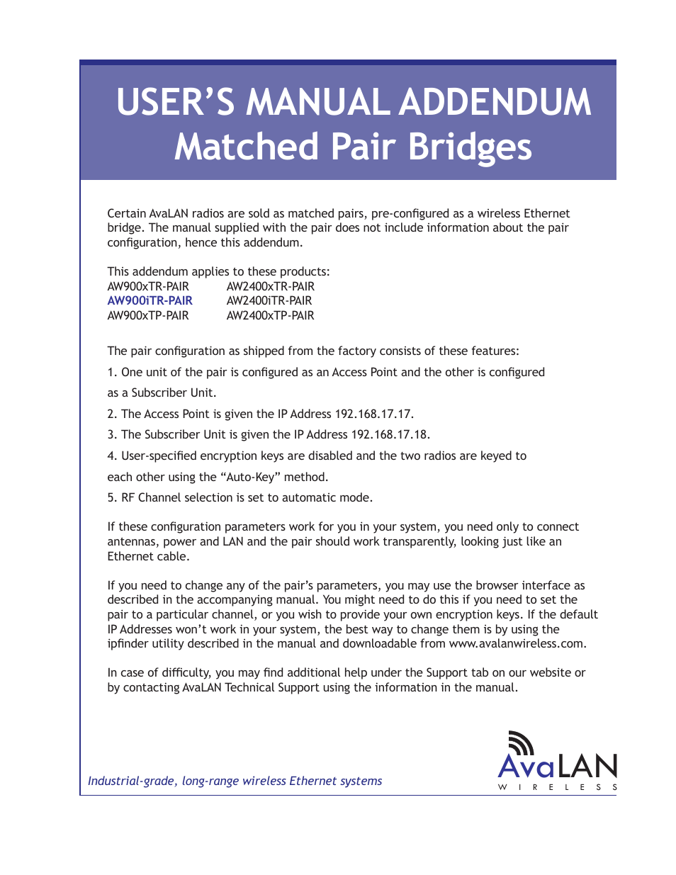 AvaLAN Wireless AW900iTR-PAIR User Manual | 18 pages
