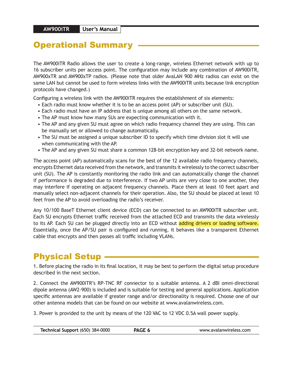 Operational summary, Physical setup | AvaLAN Wireless AW900iTR-PAIR User Manual | Page 6 / 18