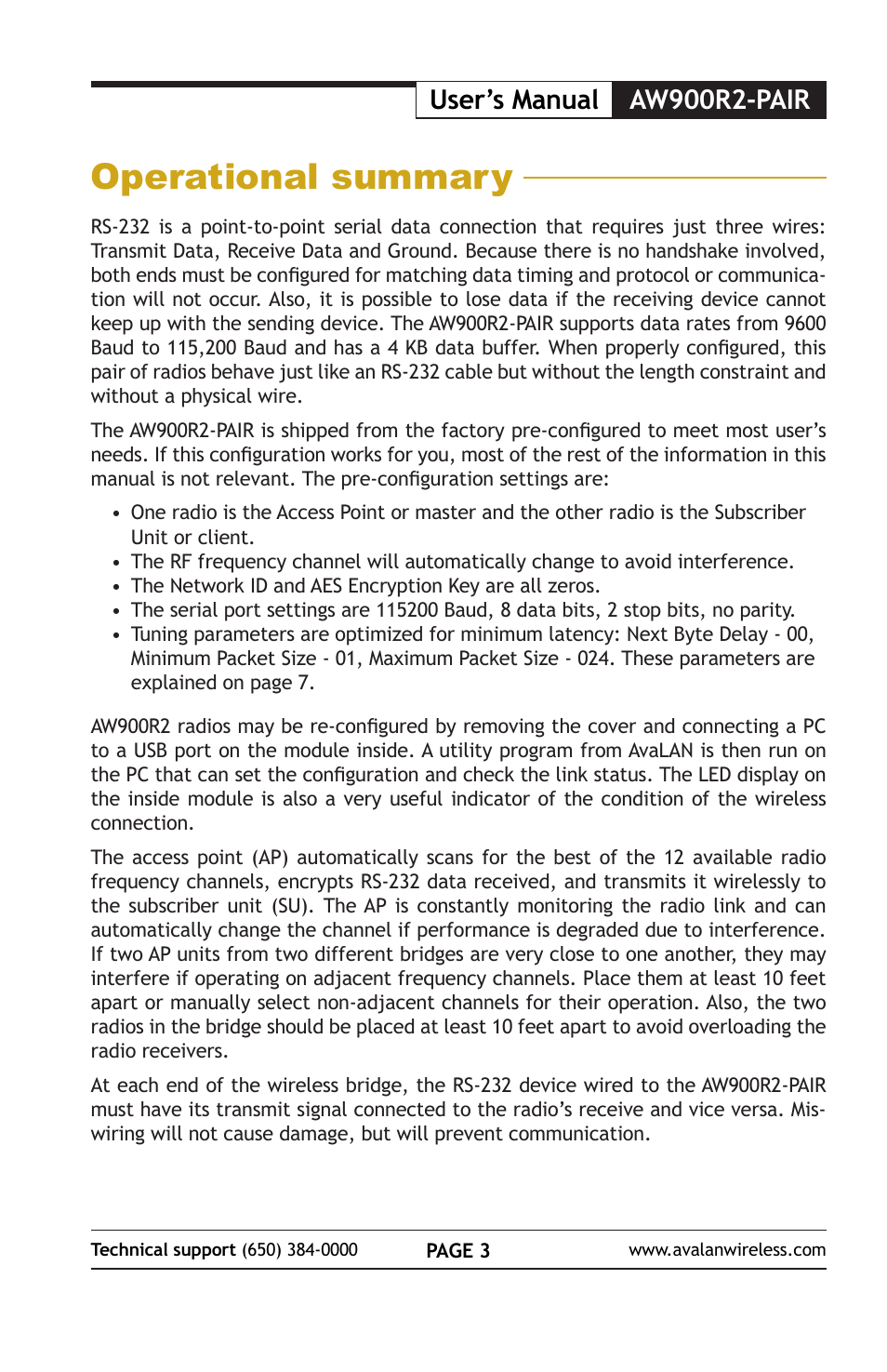 Operational summary, User’s manual aw900r2-pair | AvaLAN Wireless AW900R2-PAIR User Manual | Page 3 / 12