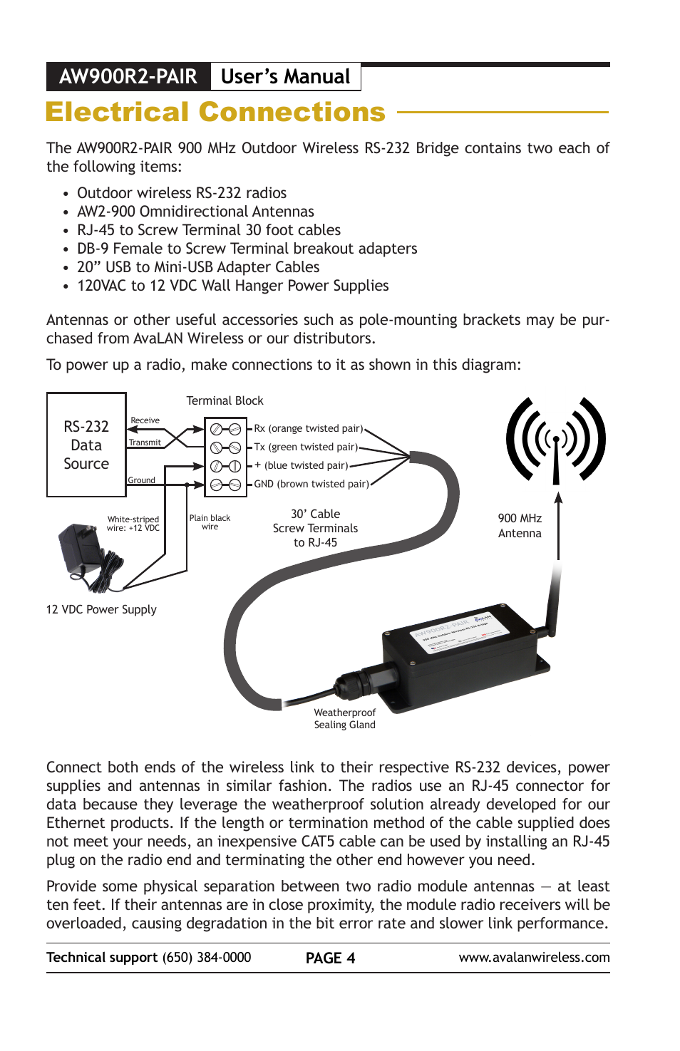Electrical connections, User’s manual, Aw900r2-pair | AvaLAN Wireless AW900R2-PAIR User Manual | Page 4 / 12