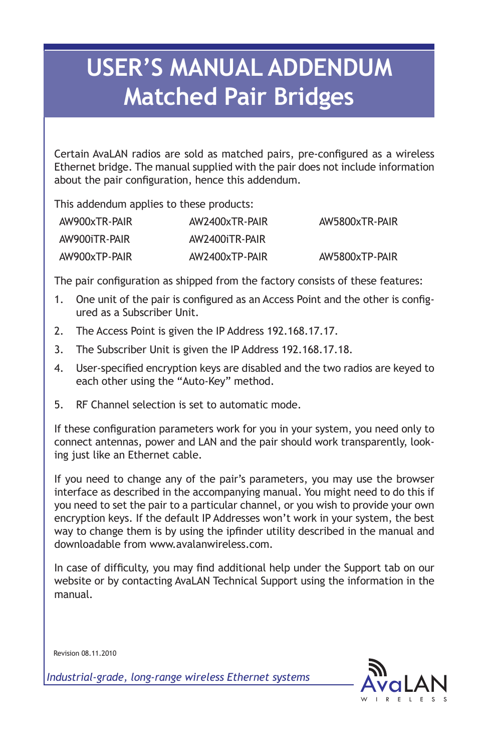 AvaLAN Wireless AW2400xTR-PAIR User Manual | 9 pages