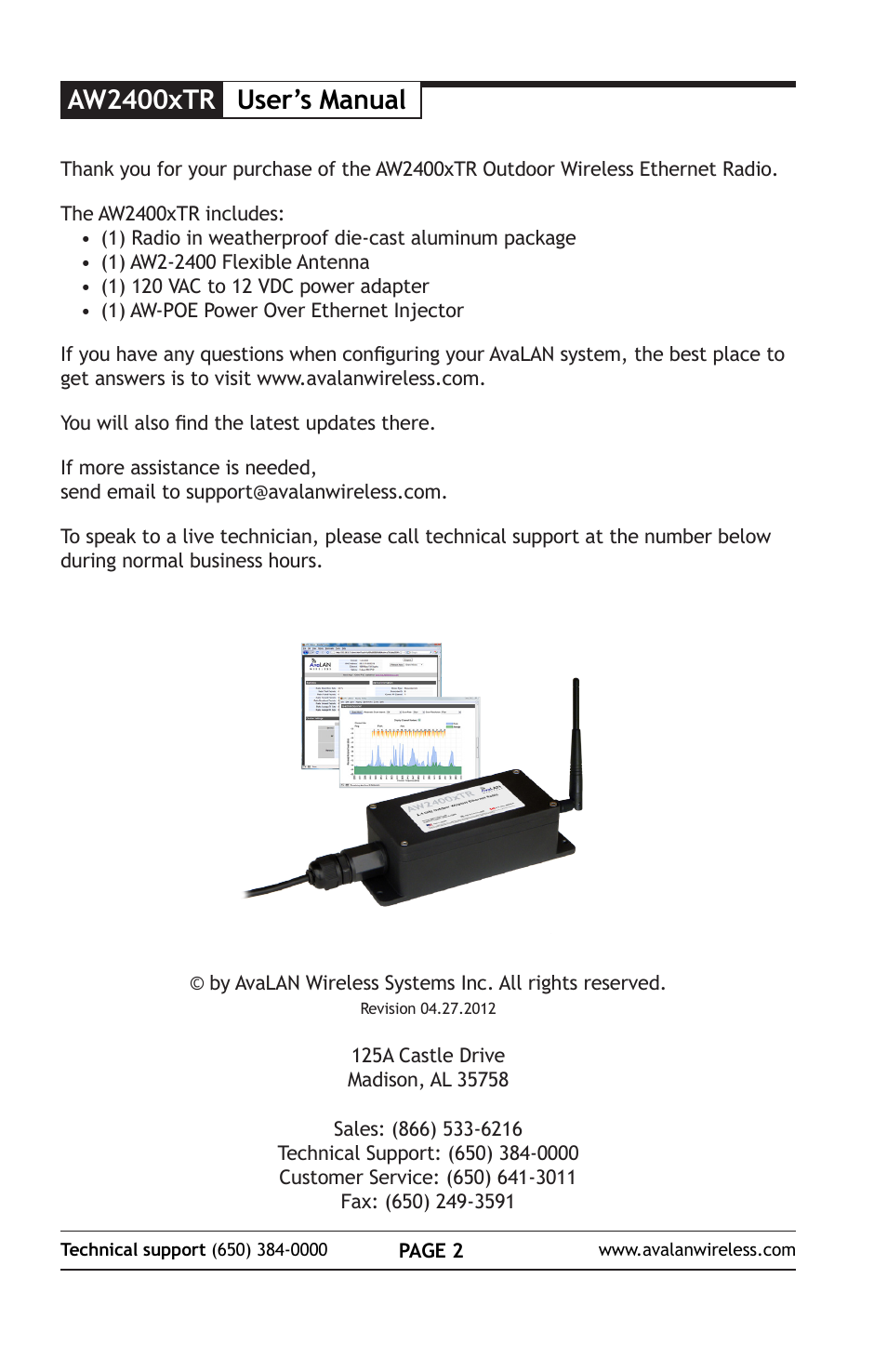 Aw2400xtr, User’s manual | AvaLAN Wireless AW2400xTR-PAIR User Manual | Page 3 / 9