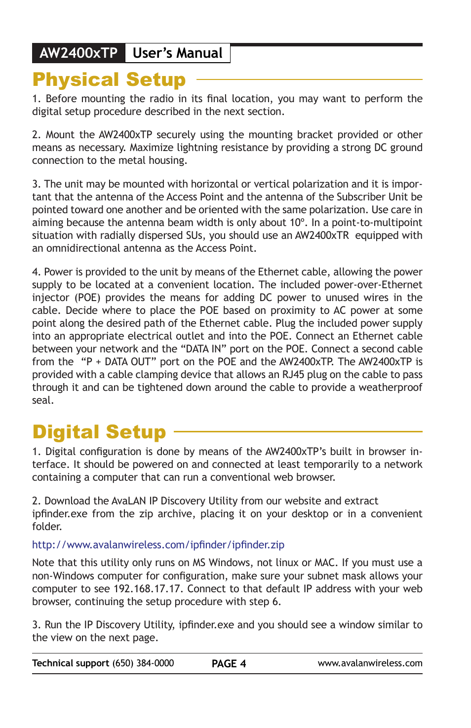 Physical setup, Digital setup, Aw900xtp user’s manual | Aw2400xtp | AvaLAN Wireless AW2400xTP-PAIR User Manual | Page 5 / 9