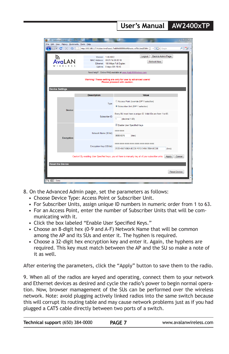 Aw2400xtp user’s manual | AvaLAN Wireless AW2400xTP-PAIR User Manual | Page 8 / 9